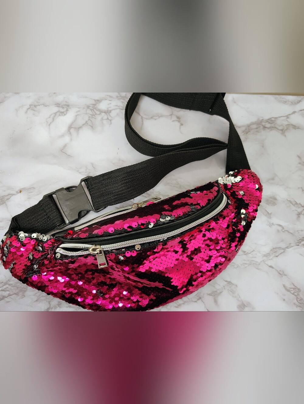 Pink Sequin Crossbody Fanny Pack with Black Strap